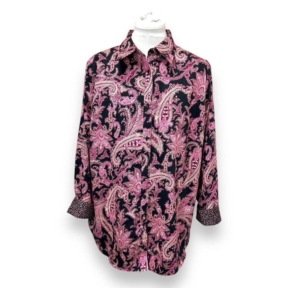 Chaps Women’s No Iron Long Sleeve Button-Up Shirt Boho Black/Pink Paisley 1X